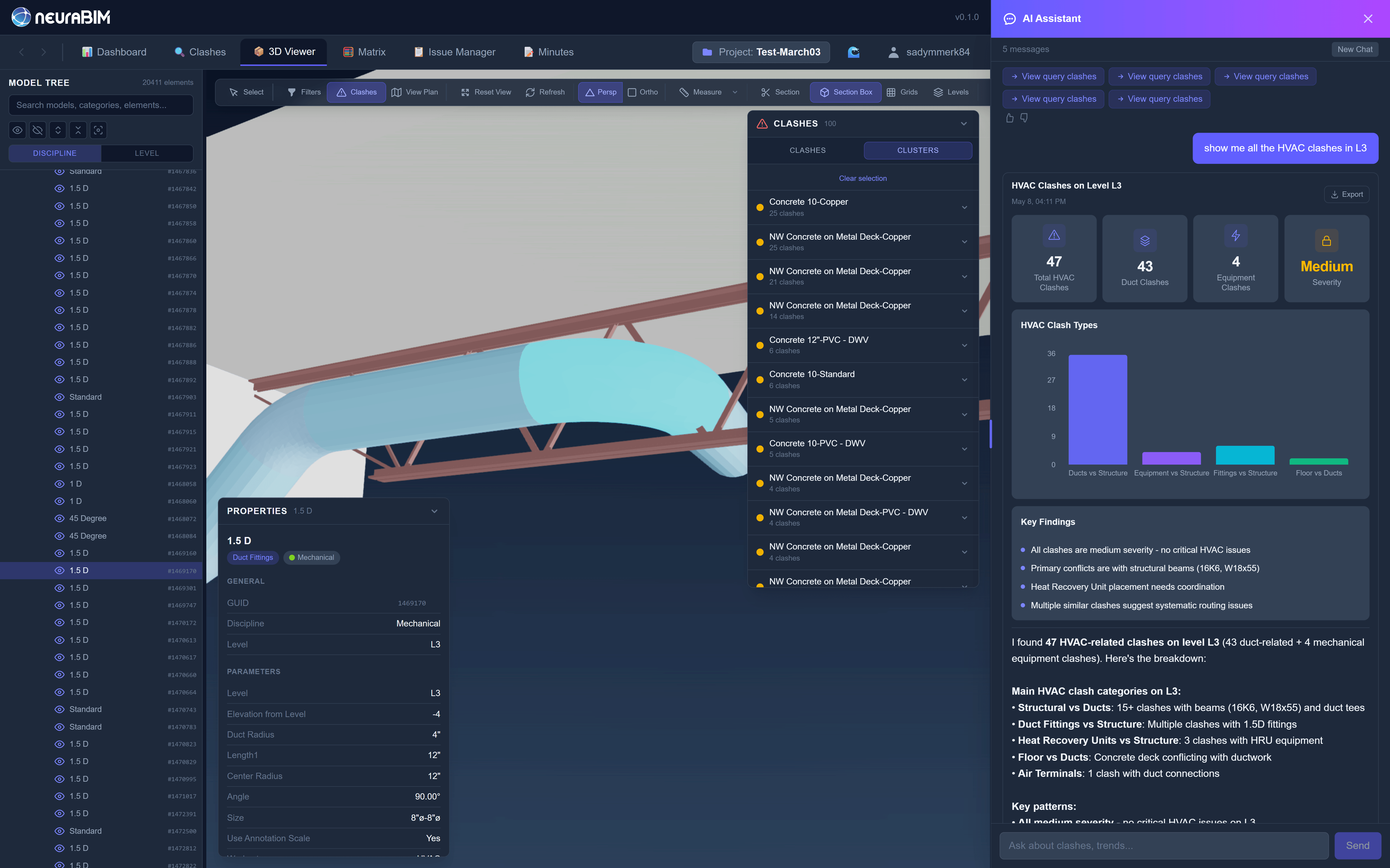 NeuraBIM 3D Viewer with AI Assistant analysing HVAC clashes