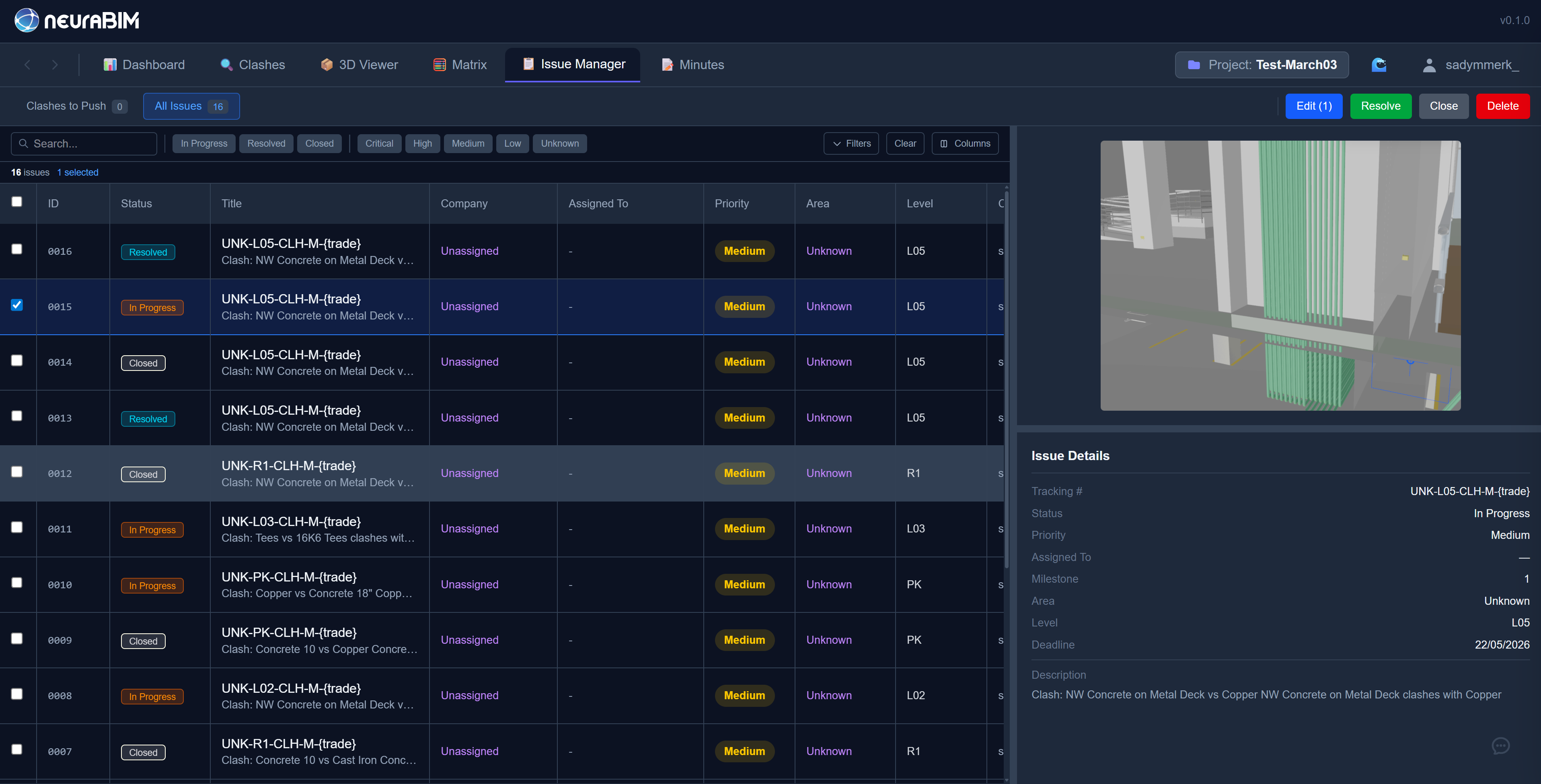 NeuraBIM Issue Manager with status, severity, and assignment columns